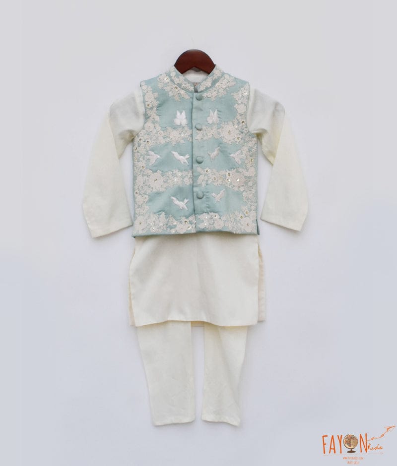 Blue Embroidery Nehru Jacket Off white Kurta Chudidar for Boys