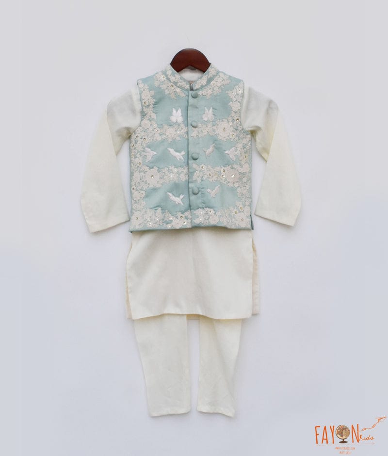 Fayon Kids Blue Embroidery Nehru Jacket Off white Kurta Chudidar for Boys