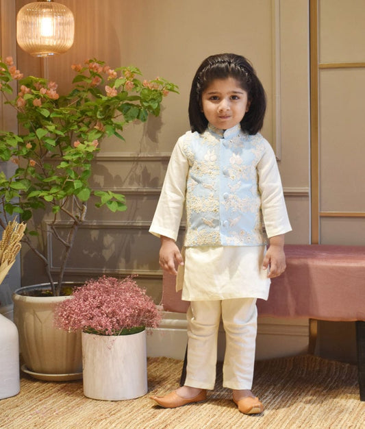 Blue Embroidery Nehru Jacket Off white Kurta Chudidar for Boys