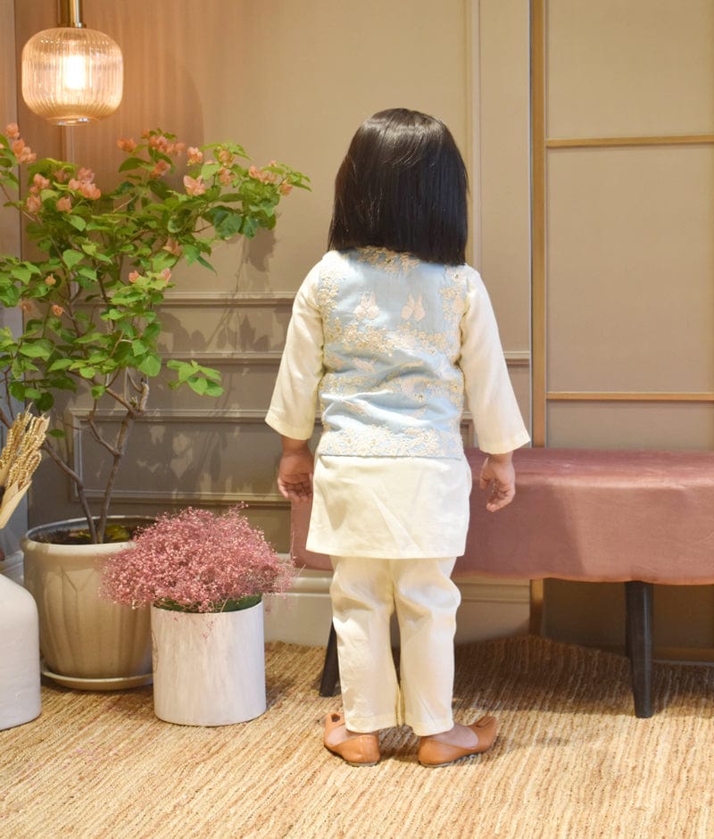 Blue Embroidery Nehru Jacket Off white Kurta Chudidar for Boys