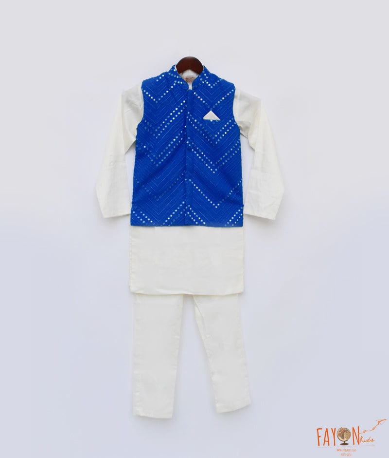 Blue Embroidery Nehru Jacket Off White Kurta Pant for Boys