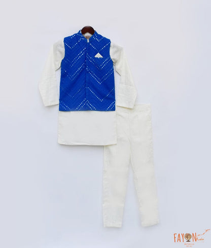 Fayon Kids Blue Embroidery Nehru Jacket Off White Kurta Pant for Boys