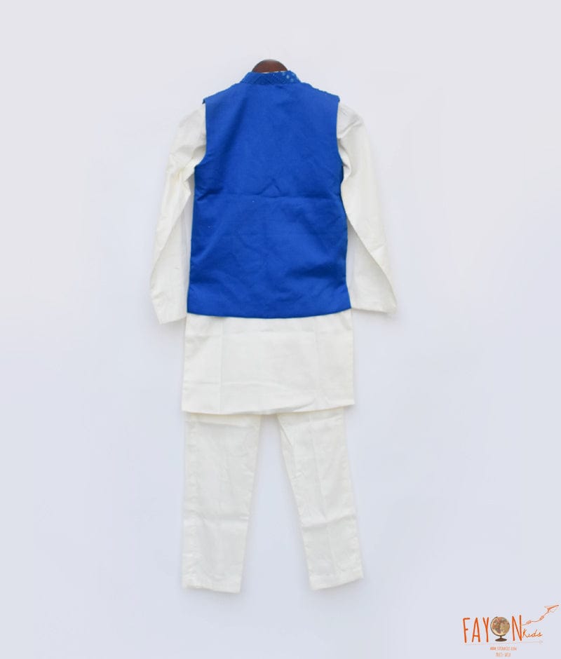 Fayon Kids Blue Embroidery Nehru Jacket Off White Kurta Pant for Boys