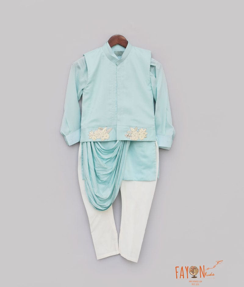 Fayon Kids Blue Embroidery Nehru Jacket with Cowl Kurta Chudidar for Boys