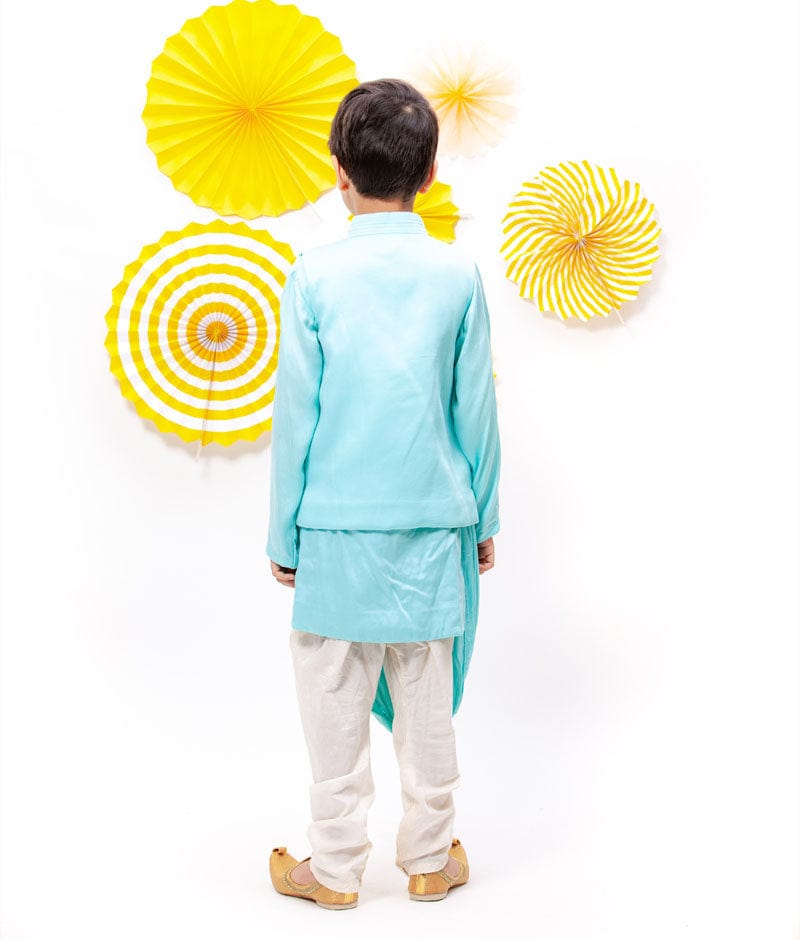 Fayon Kids Blue Embroidery Nehru Jacket with Cowl Kurta Chudidar for Boys