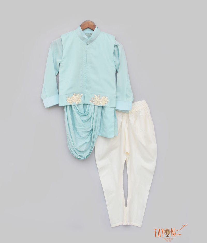 Blue Embroidery Nehru Jacket with Cowl Kurta Chudidar for Boys