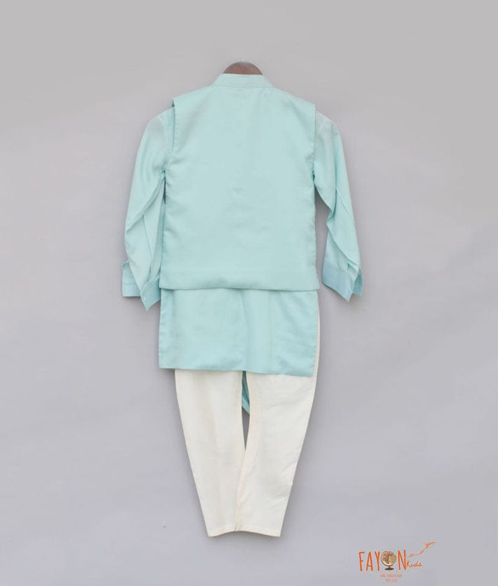 Blue Embroidery Nehru Jacket with Cowl Kurta Chudidar for Boys