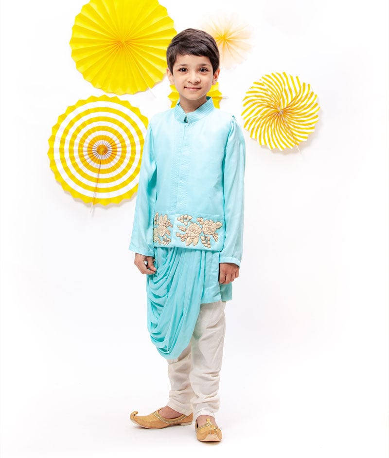Blue Embroidery Nehru Jacket with Cowl Kurta Chudidar for Boys