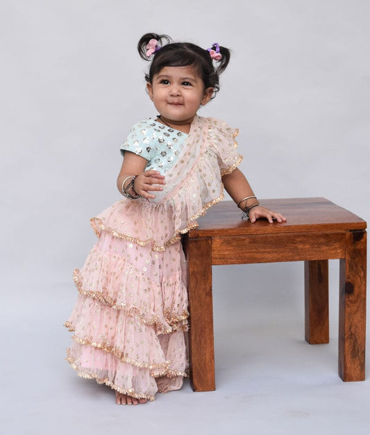 Fayon Kids Blue Embroidery Peach Chiffon Saree for Girls