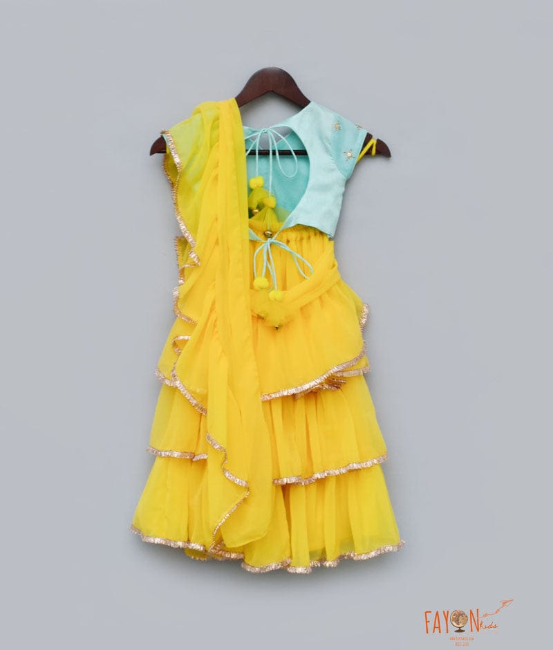 Fayon Kids Blue Embroidery Yellow Georgette Saree for Girls