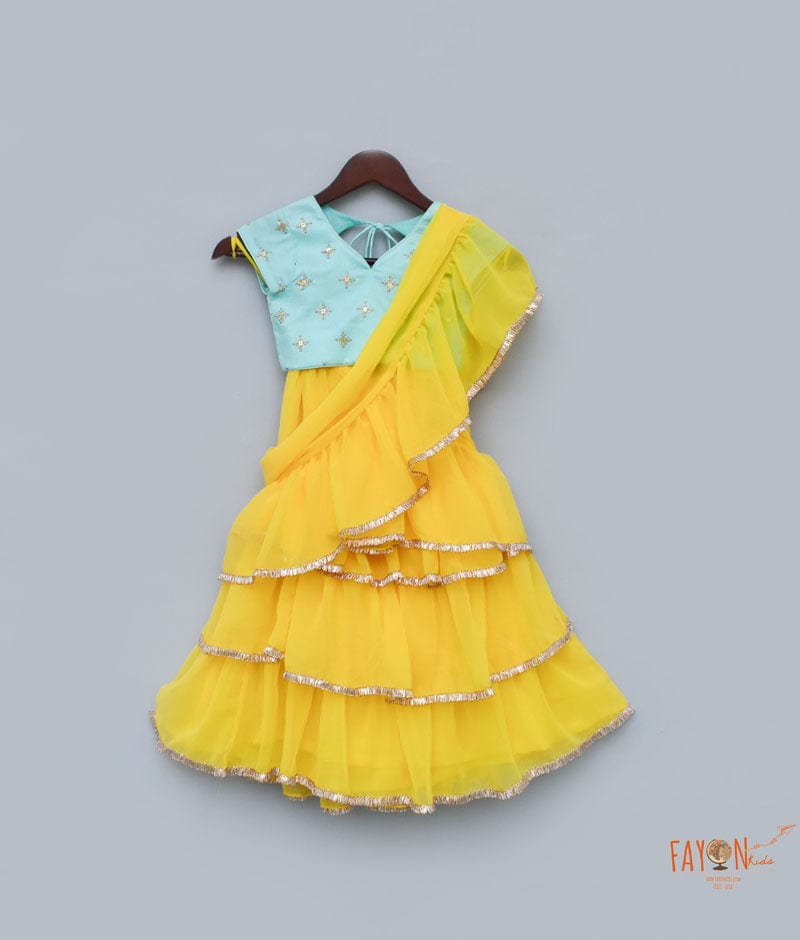 Blue Embroidery Yellow Georgette Saree for Girls