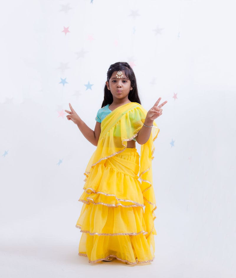 Fayon Kids Blue Embroidery Yellow Georgette Saree for Girls