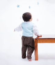 Blue Fish Print Waist Coat with White Shirt Brown Pant for Boys