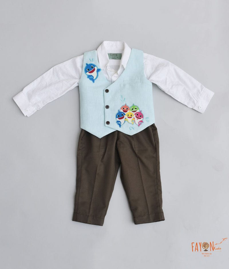 Fayon Kids Blue Fish Print Waist Coat with White Shirt Brown Pant for Boys