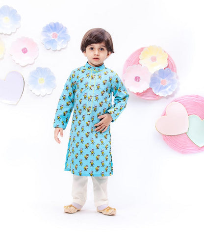 Blue Funky Printed Kurta with Straight Pants for Boys