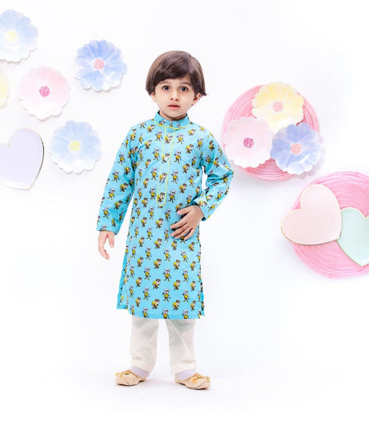 Blue Funky Printed Kurta with Straight Pants for Boys