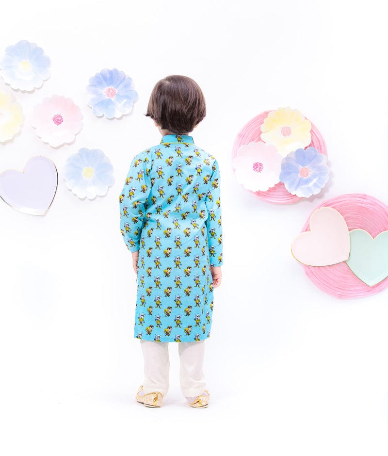 Blue Funky Printed Kurta with Straight Pants for Boys