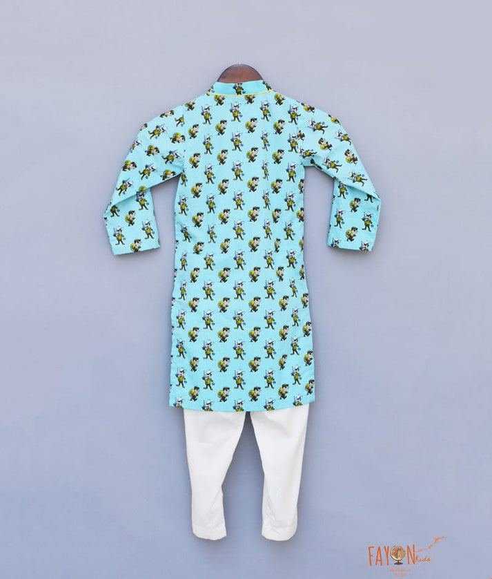 Blue Funky Printed Kurta with Straight Pants for Boys