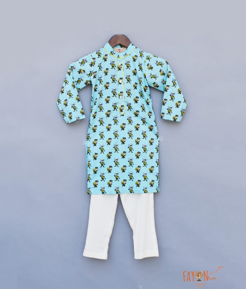 Blue Funky Printed Kurta with Straight Pants for Boys
