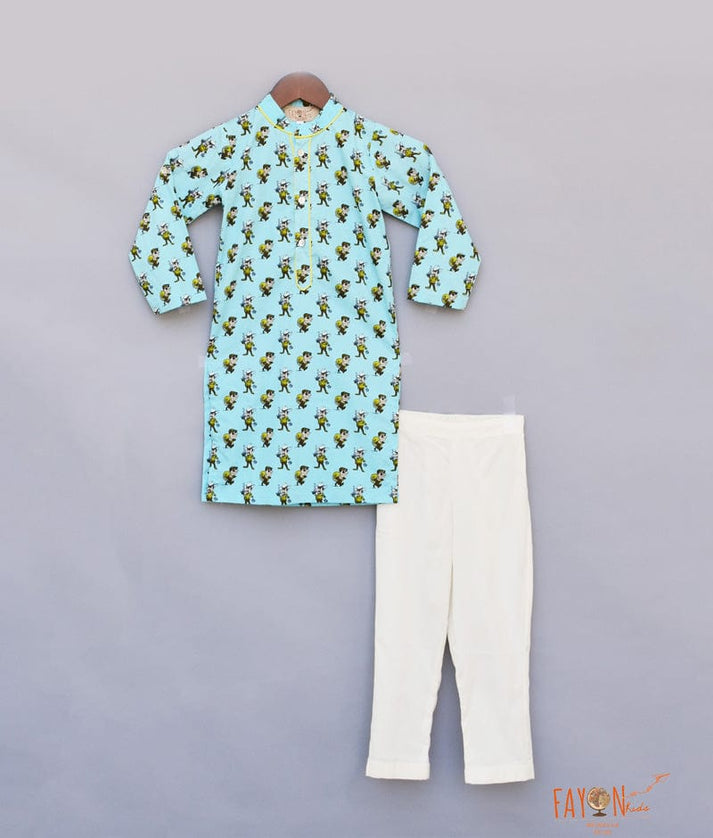 Blue Funky Printed Kurta with Straight Pants for Boys