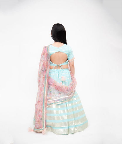 Blue Georgette Embroidery Lehenga with Choli Printed Organza Dupatta for Girls