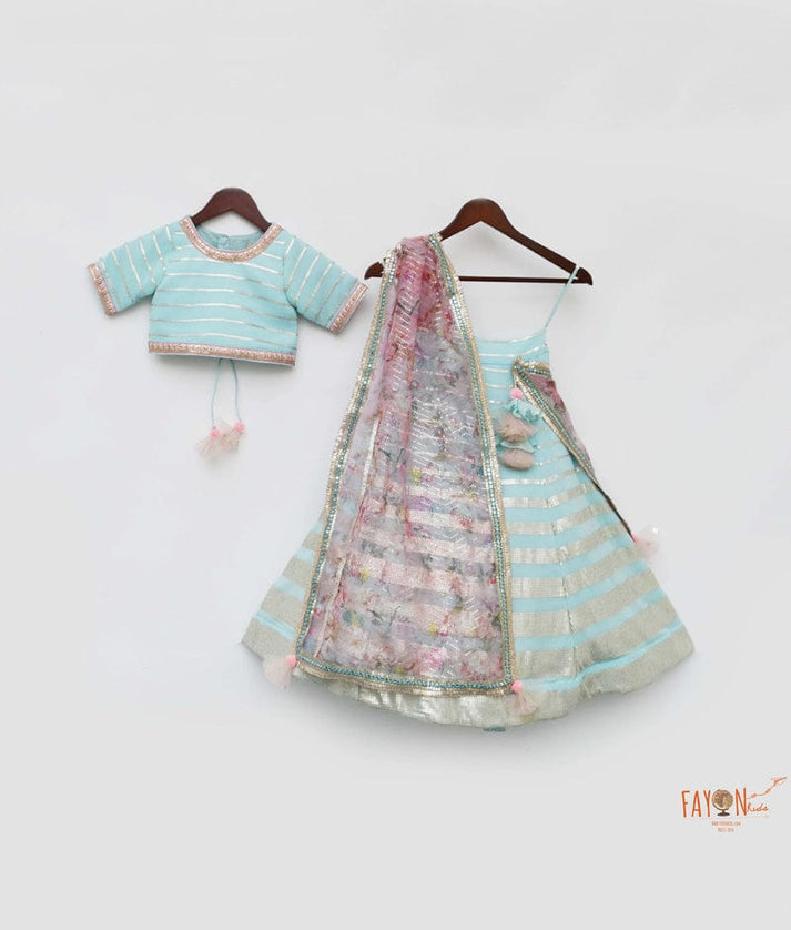 Blue Georgette Embroidery Lehenga with Choli Printed Organza Dupatta for Girls