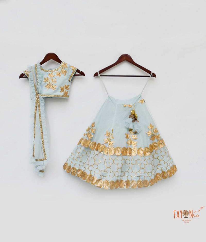 Blue Gota Embroidery Lehenga with Choli Frill Dupatta for Girls