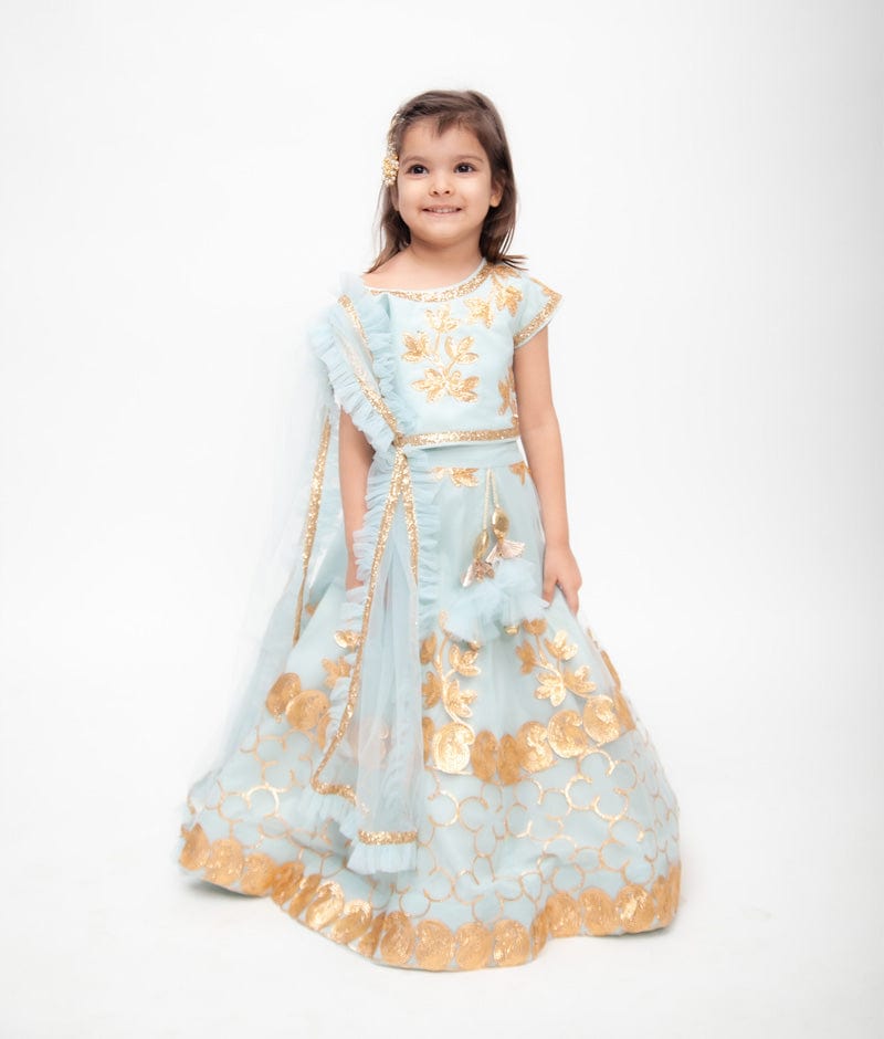 Blue Gota Embroidery Lehenga with Choli Frill Dupatta for Girls