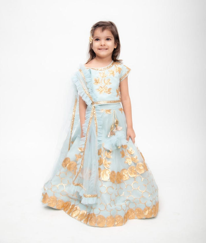 Blue Gota Embroidery Lehenga with Choli Frill Dupatta for Girls
