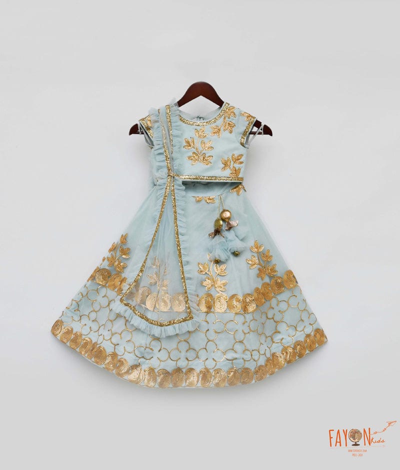 Blue Gota Embroidery Lehenga with Choli Frill Dupatta for Girls