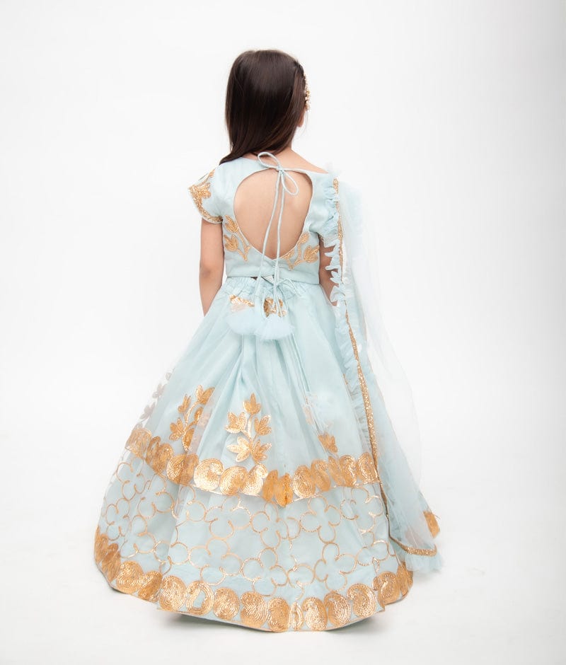 Fayon Kids Blue Gota Embroidery Lehenga with Choli Frill Dupatta for Girls