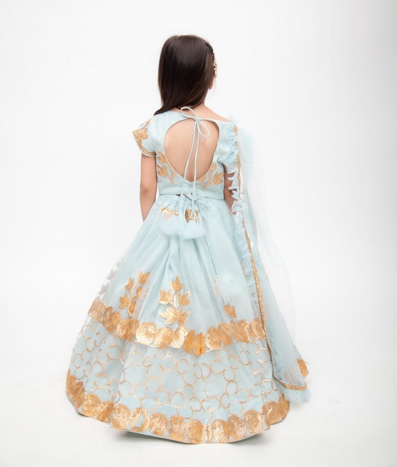 Blue Gota Embroidery Lehenga with Choli Frill Dupatta for Girls