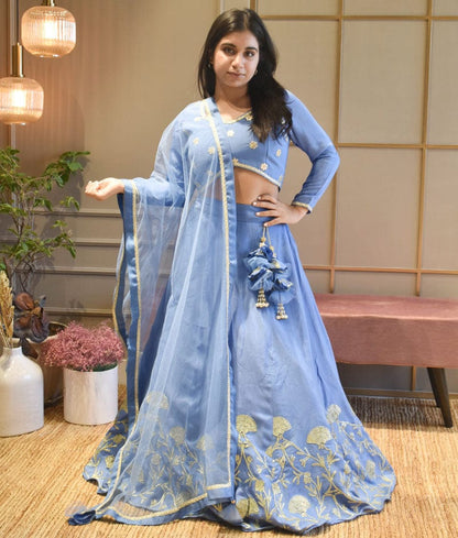 Fayon Kids Blue Gotta Embroidery Lehenga Choli and Net Dupatta for Girls