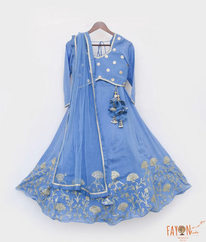 Fayon Kids Blue Gotta Embroidery Lehenga Choli and Net Dupatta for Girls