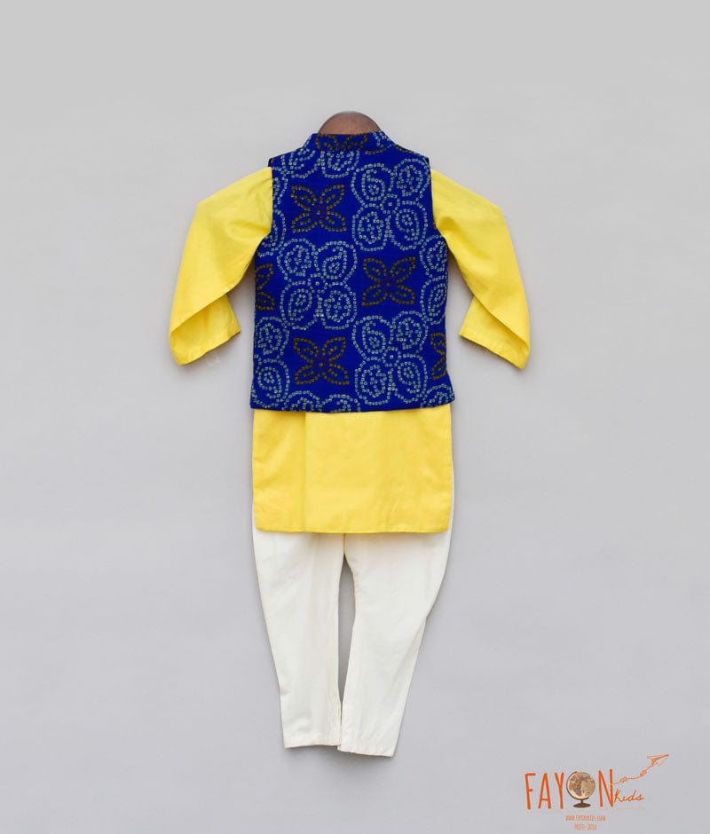 Fayon Kids Blue Lehriya Nehru Jacket with Yellow Kurta Pant for Boys