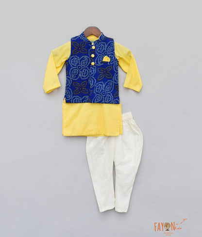 Fayon Kids Blue Lehriya Nehru Jacket with Yellow Kurta Pant for Boys