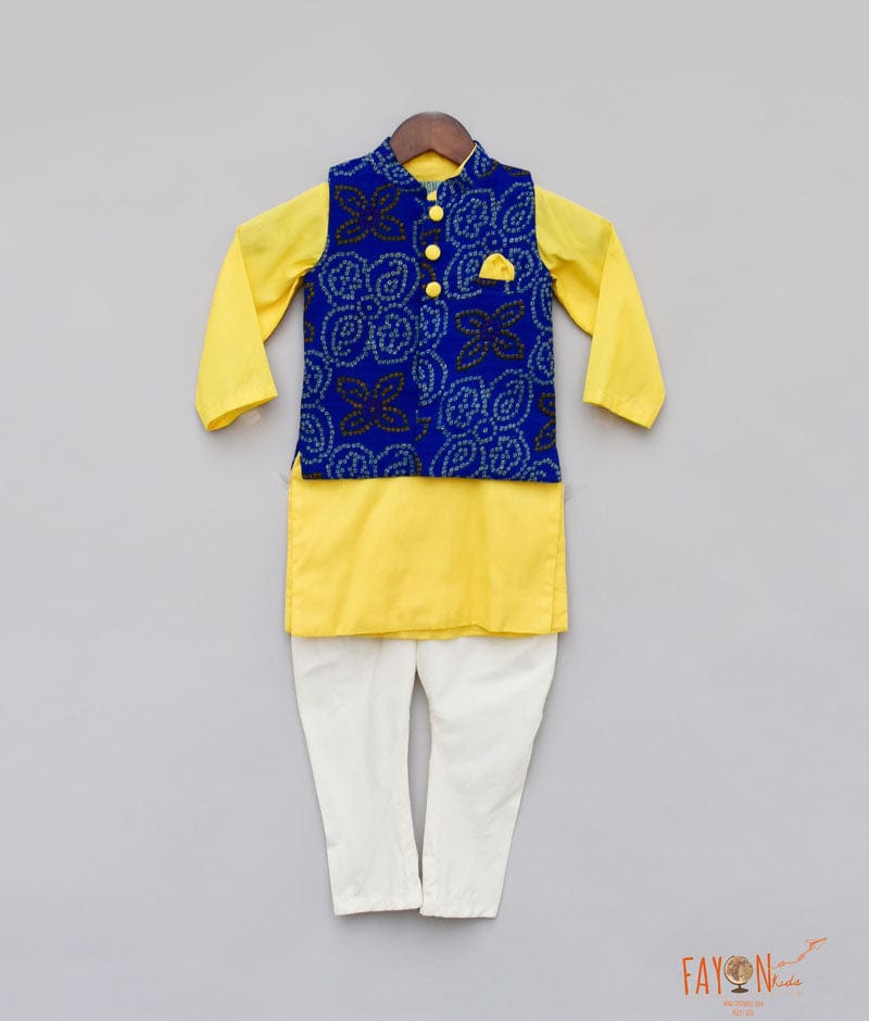 Fayon Kids Blue Lehriya Nehru Jacket with Yellow Kurta Pant for Boys