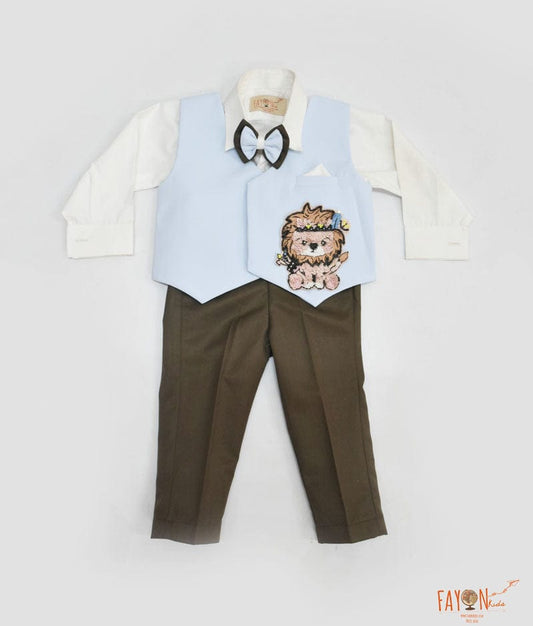 Fayon Kids Blue Lion Motif Waist Coat with Off white Shirt Brown Pant for Boys