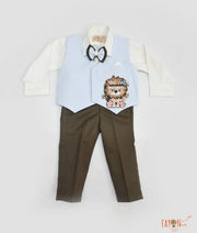 Blue Lion Motif Waist Coat with Off white Shirt Brown Pant for Boys