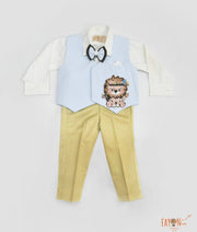 Blue Lion Motif Waist Coat with Off white Shirt Golden Pant for Boys