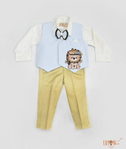 Blue Lion Motif Waist Coat with Off white Shirt Golden Pant for Boys