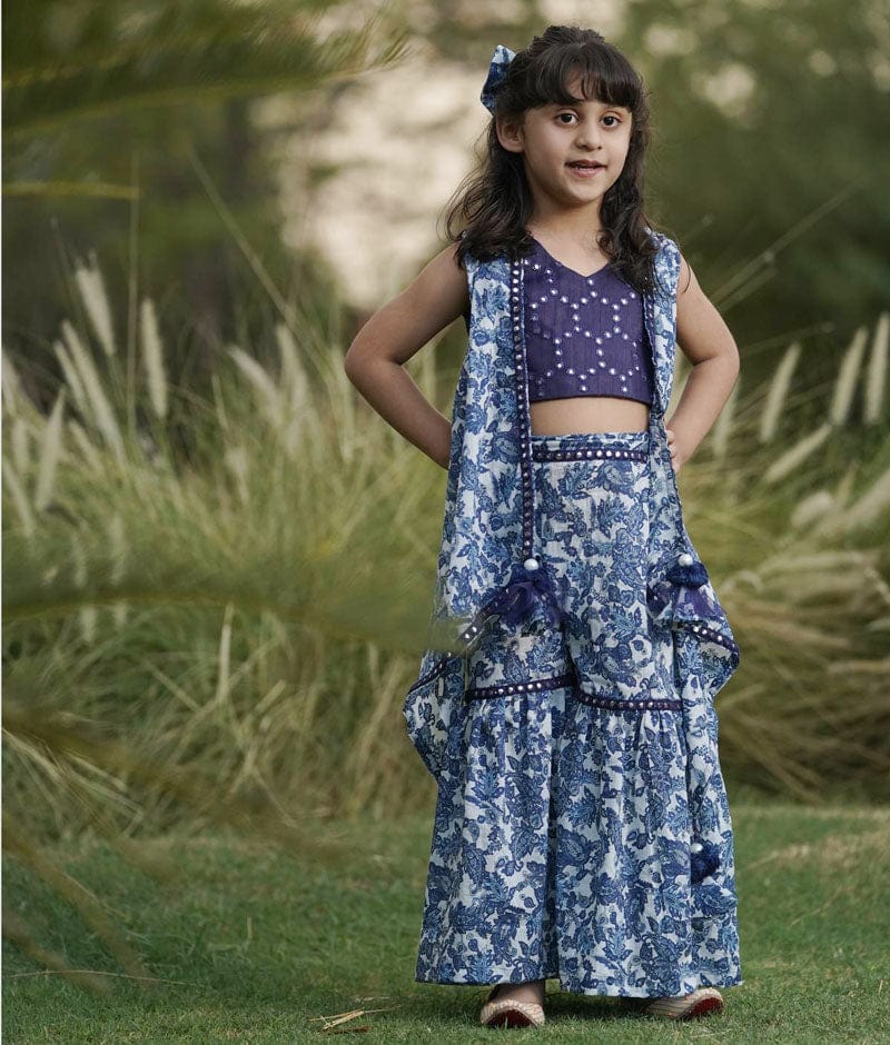 Fayon Kids Blue Mirror Embroidery Top and Printed Sharara for Girls