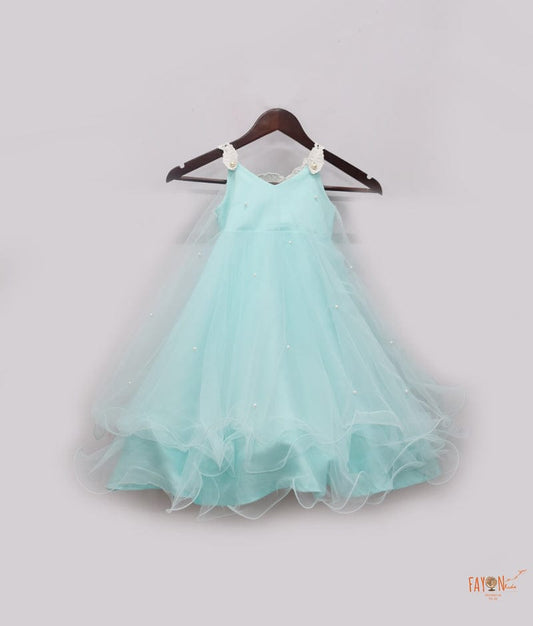 Fayon Kids Blue Net Frock with Pearls for Girls