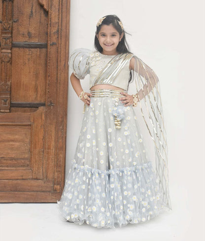 Fayon Kids Blue Net Printed Lehenga with Choli Drape Dupatta for Girls