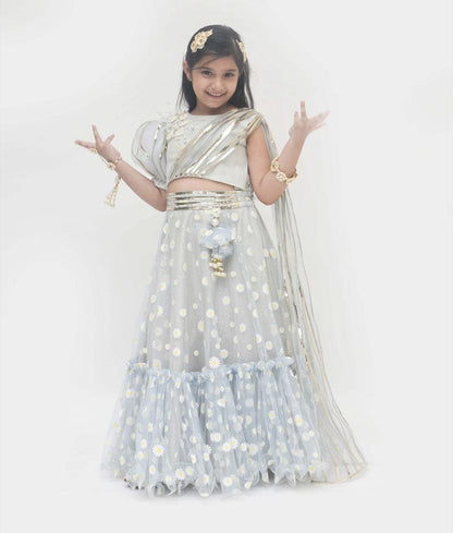 Fayon Kids Blue Net Printed Lehenga with Choli Drape Dupatta for Girls