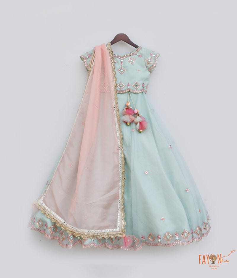 Blue Organza Embroidery Lehenga with Choli Organza Dupatta for Girls