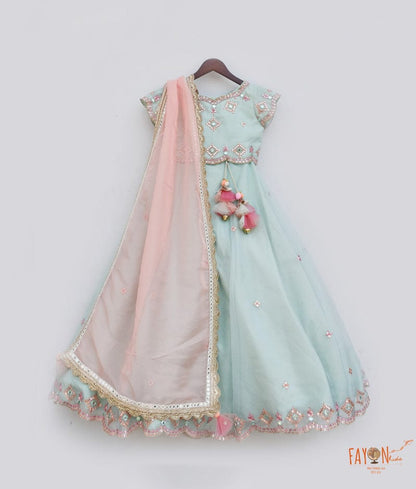 Blue Organza Embroidery Lehenga with Choli Organza Dupatta for Girls