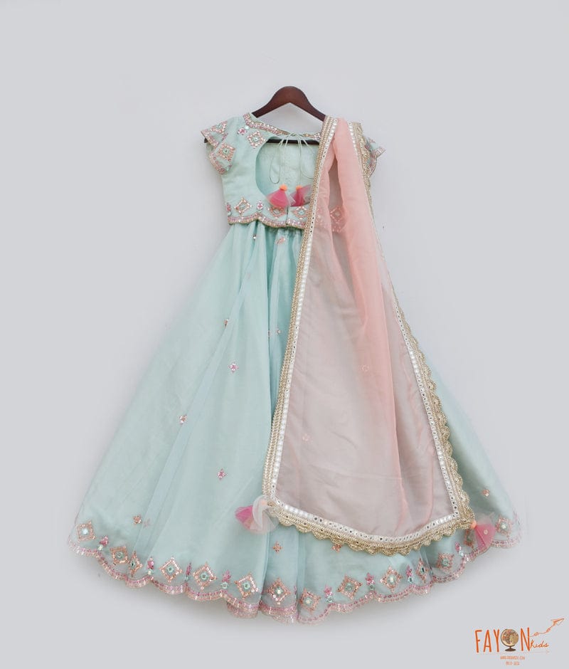 Blue Organza Embroidery Lehenga with Choli Organza Dupatta for Girls