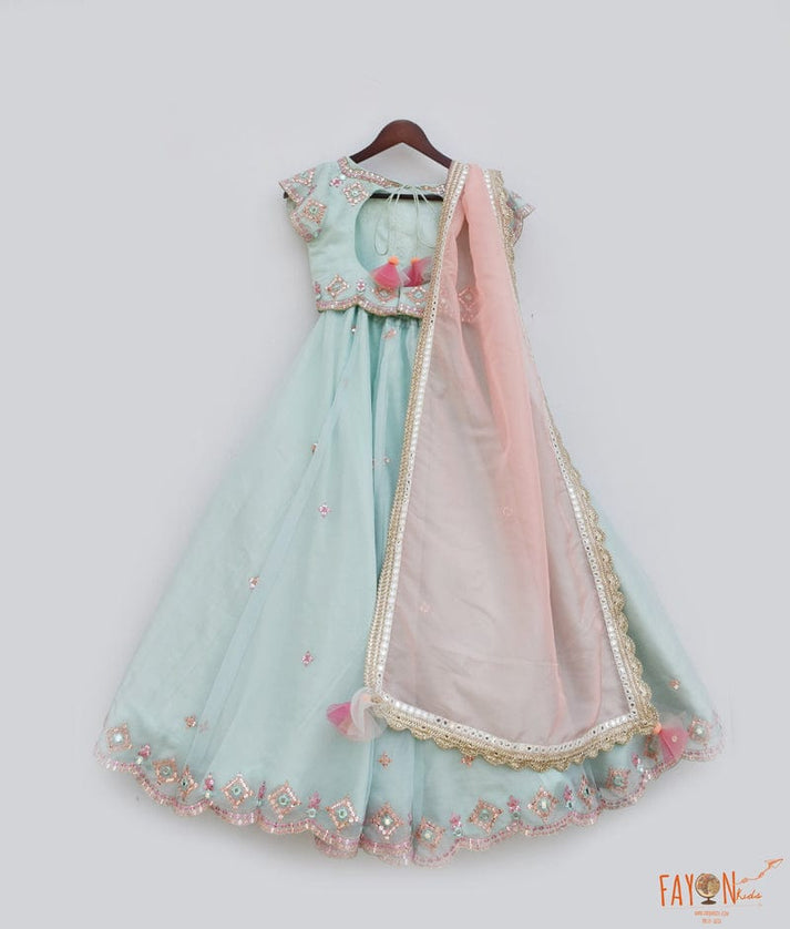 Blue Organza Embroidery Lehenga with Choli Organza Dupatta for Girls