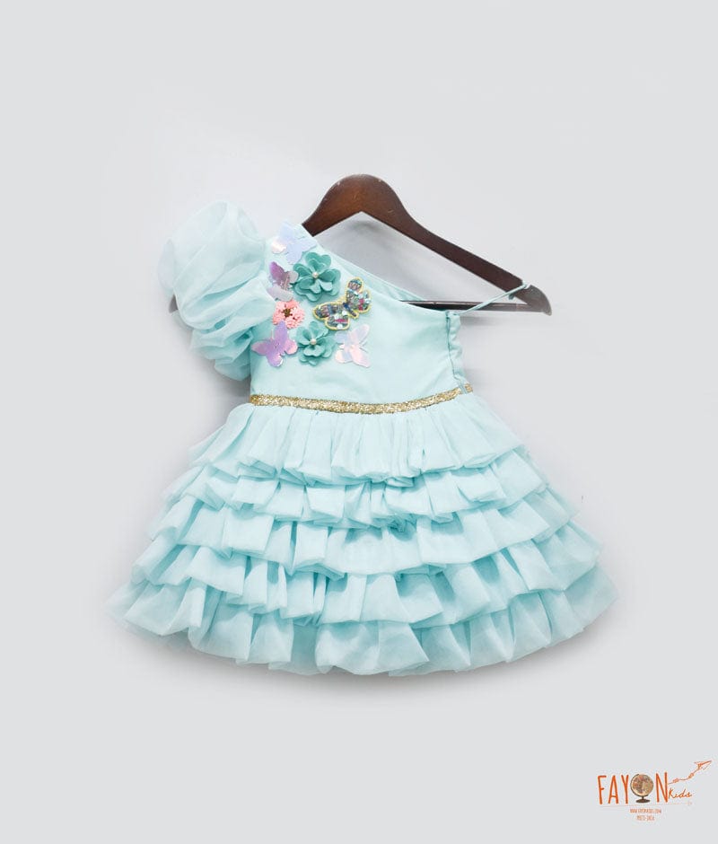 Fayon Kids Blue Organza Frock with 3D flowers and Butterflies for Girls